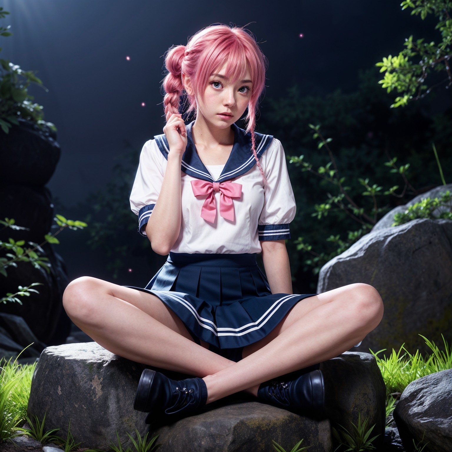 Young Woman in Japanese School Uniform in Nature