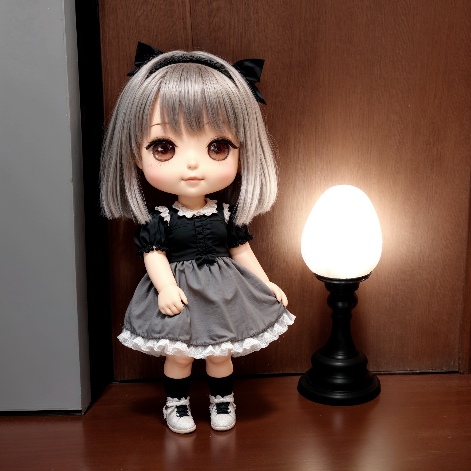 Vintage-inspired doll with silver hair and lamp
