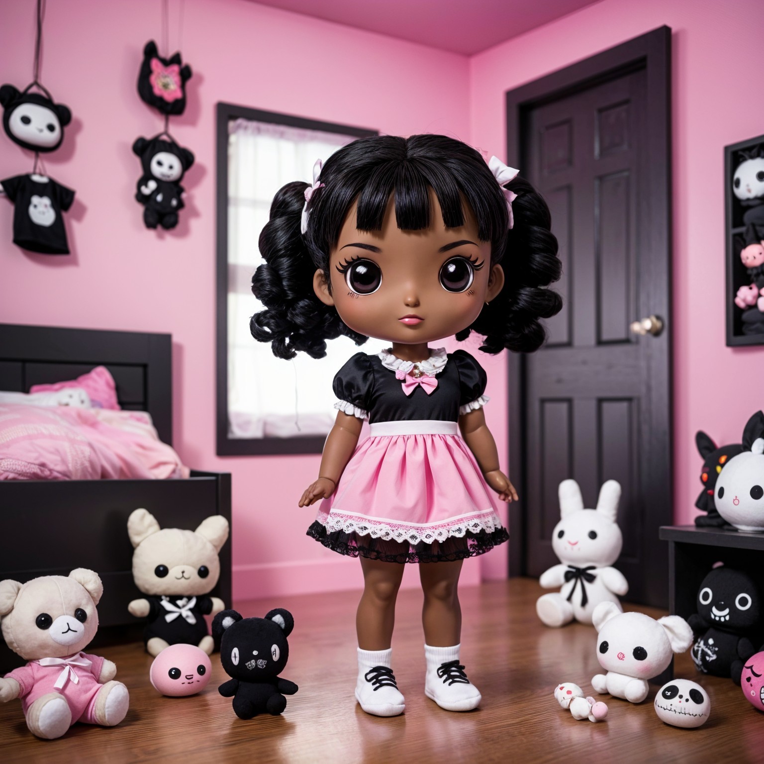 Charming Doll in Playful Pastel Room with Plush Toys