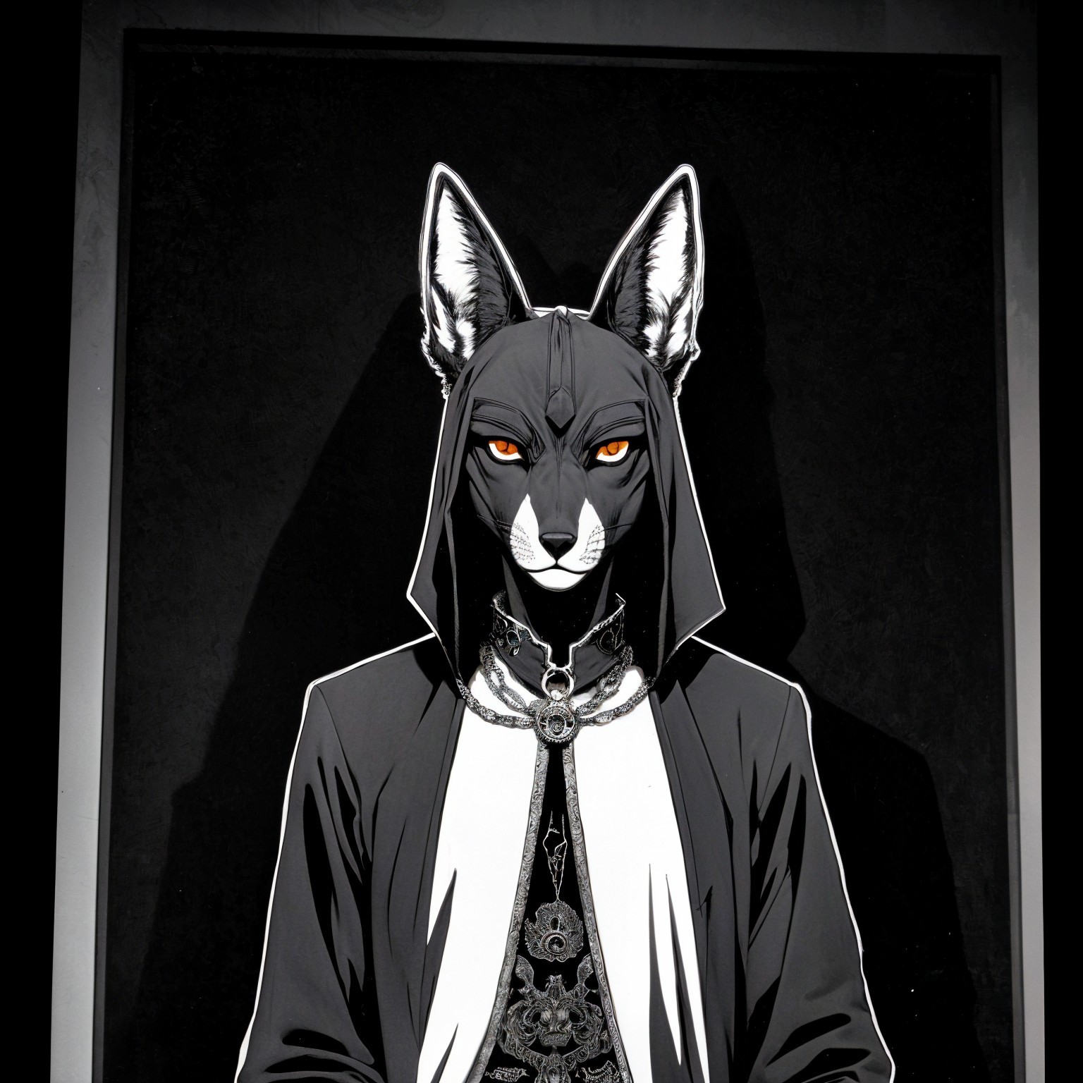 Anthropomorphic fox character in dark hooded garment