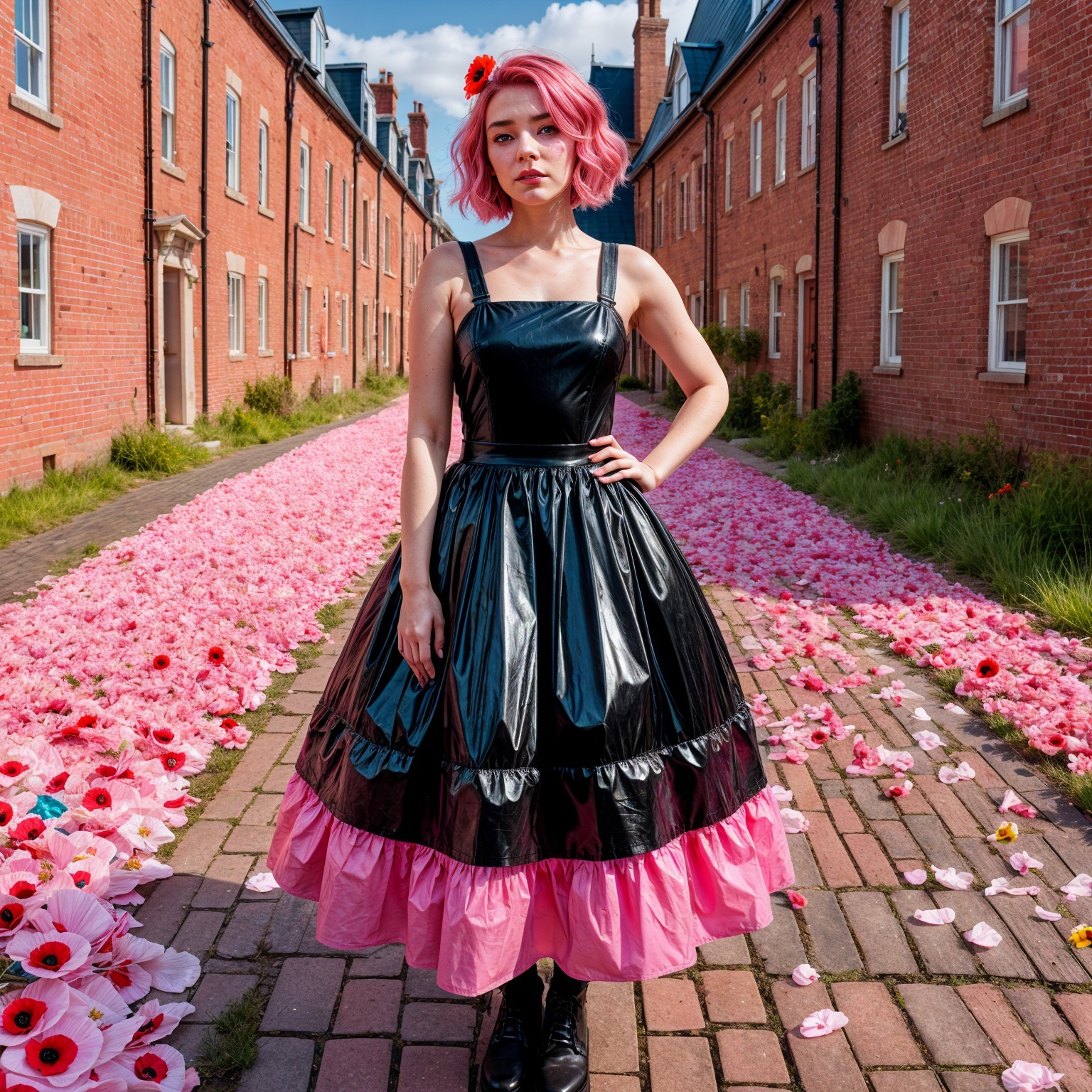 Model in Black and Pink Dress Among Pink Flowers
