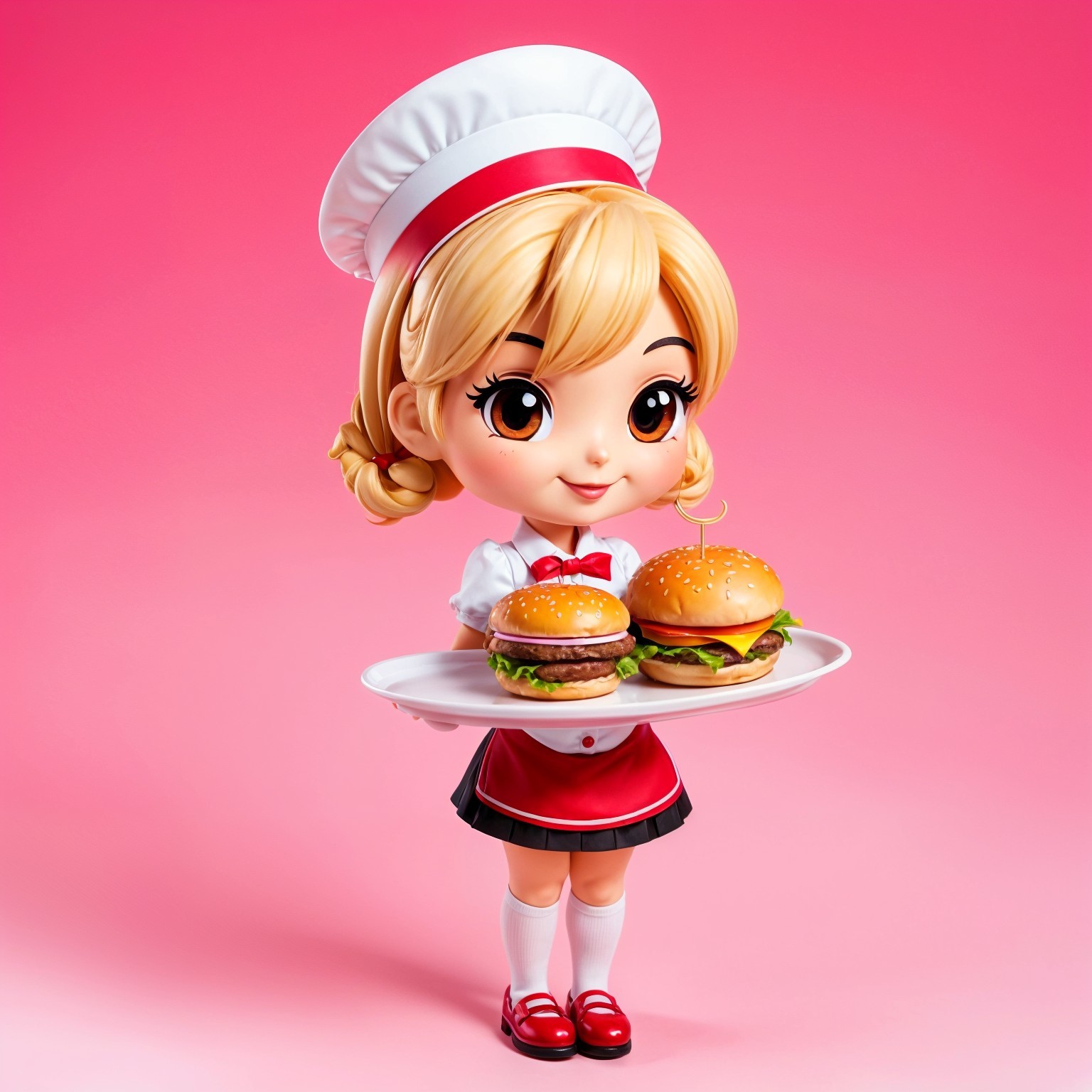 Cartoon Girl in Diner Uniform with Burgers on Plate