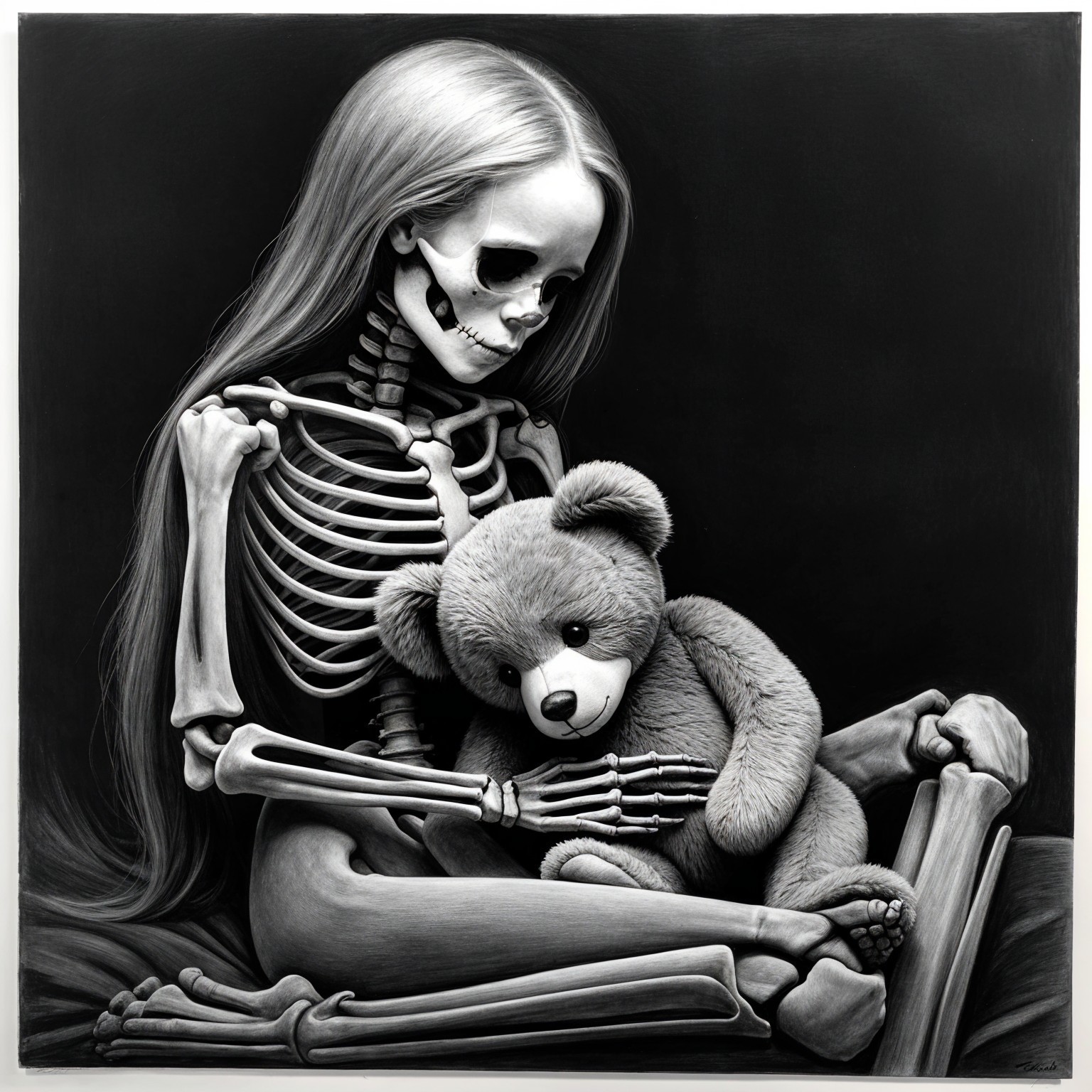 Skeletal Figure with Teddy Bear in Dark Background