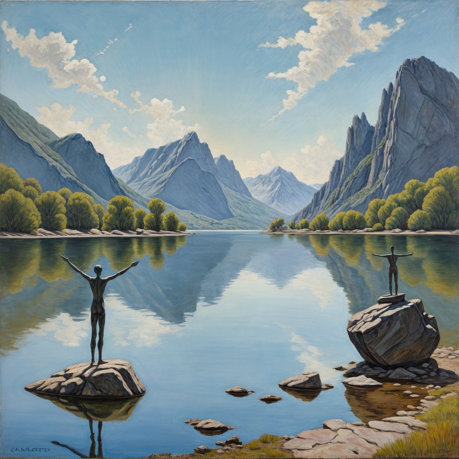 Serene landscape with lake, mountains, and figures