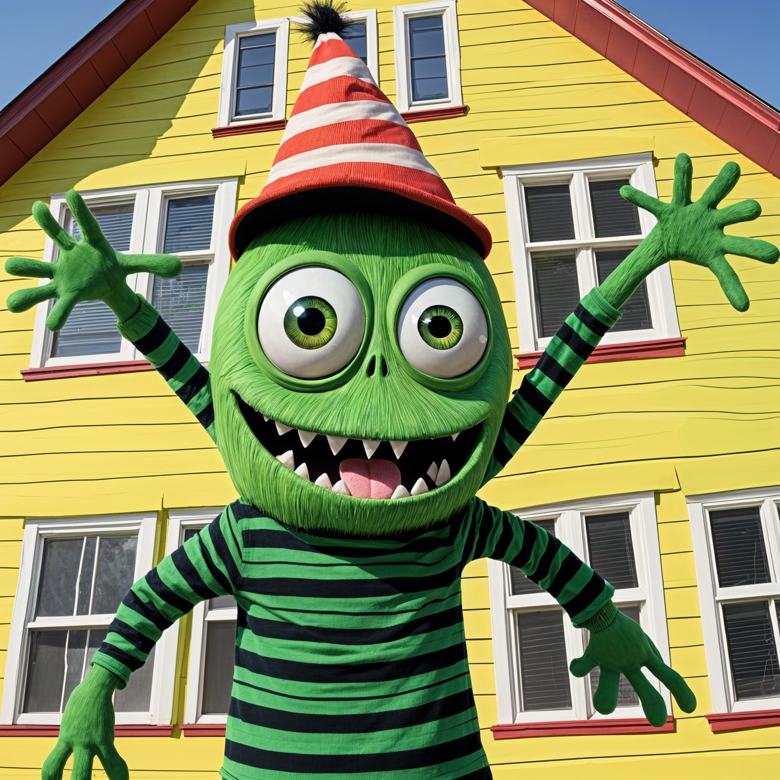 Vibrant Cartoon Character in Front of Yellow House