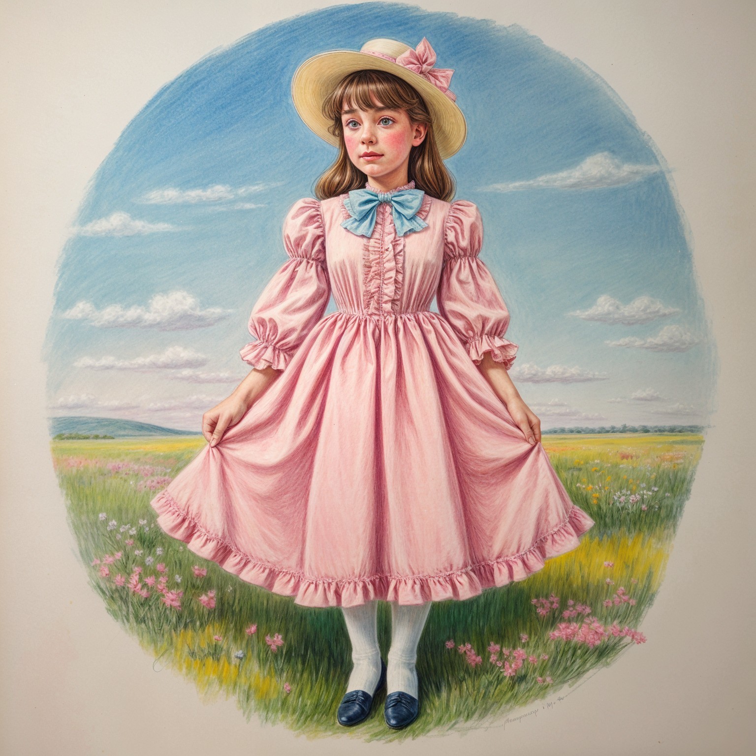 Young girl in pink dress in a vibrant meadow scene