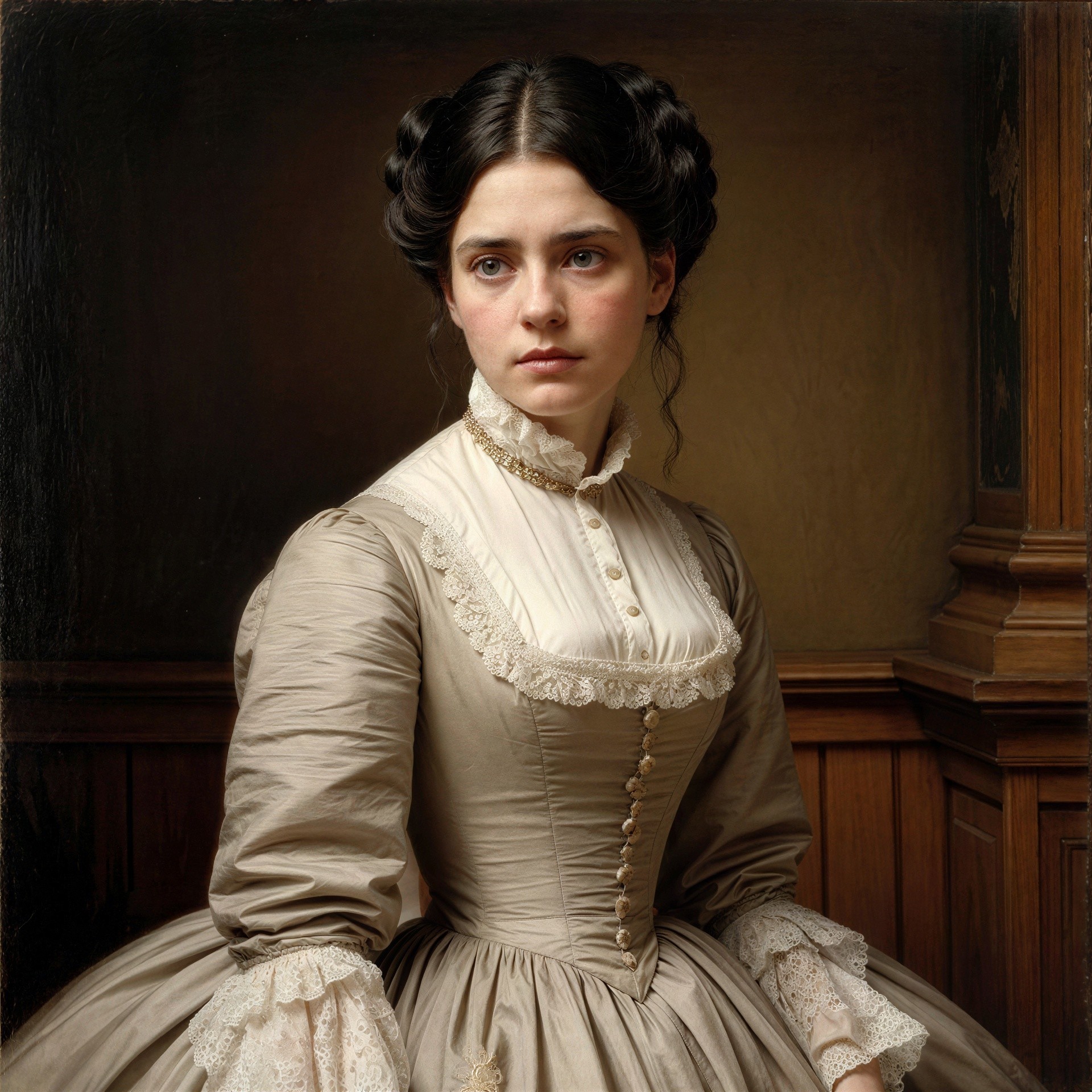 Portrait of a Young Woman in Beige Dress with Buns