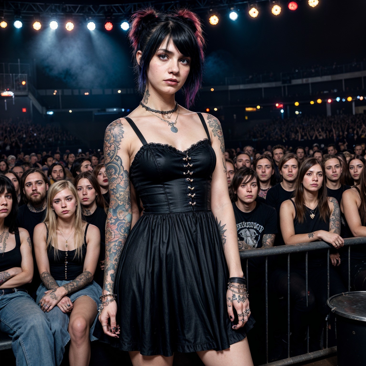 Young woman in black dress at vibrant concert scene