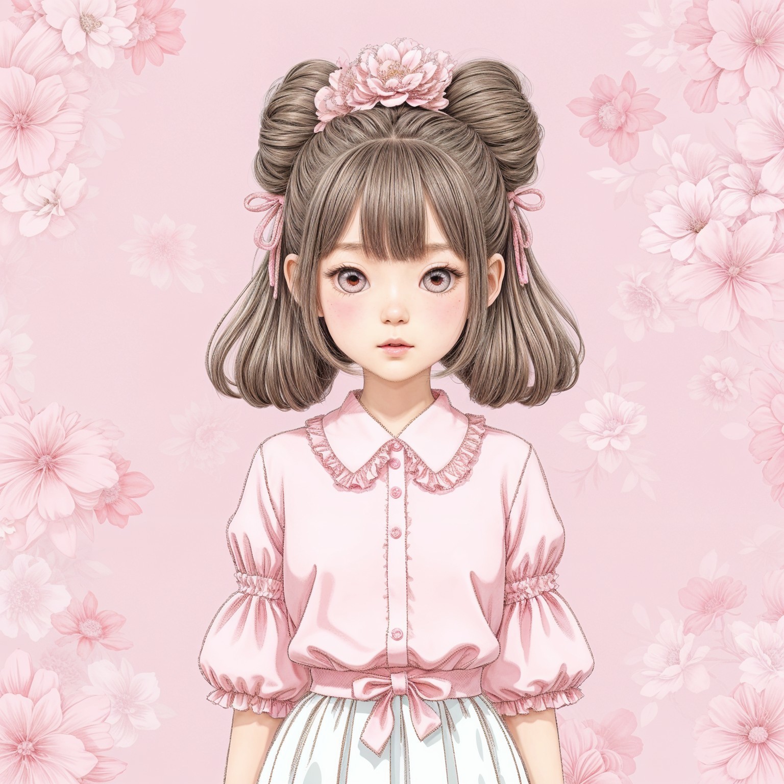 Young girl in playful outfit against floral background