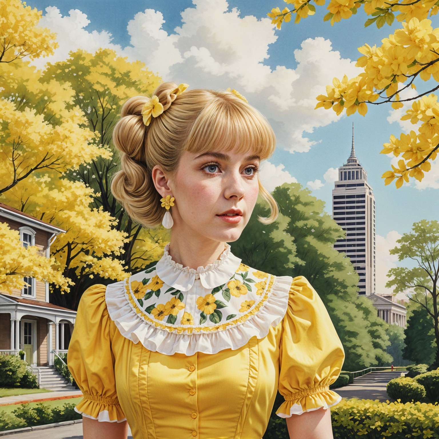 Young Woman in Floral Dress Amidst Yellow Trees and City
