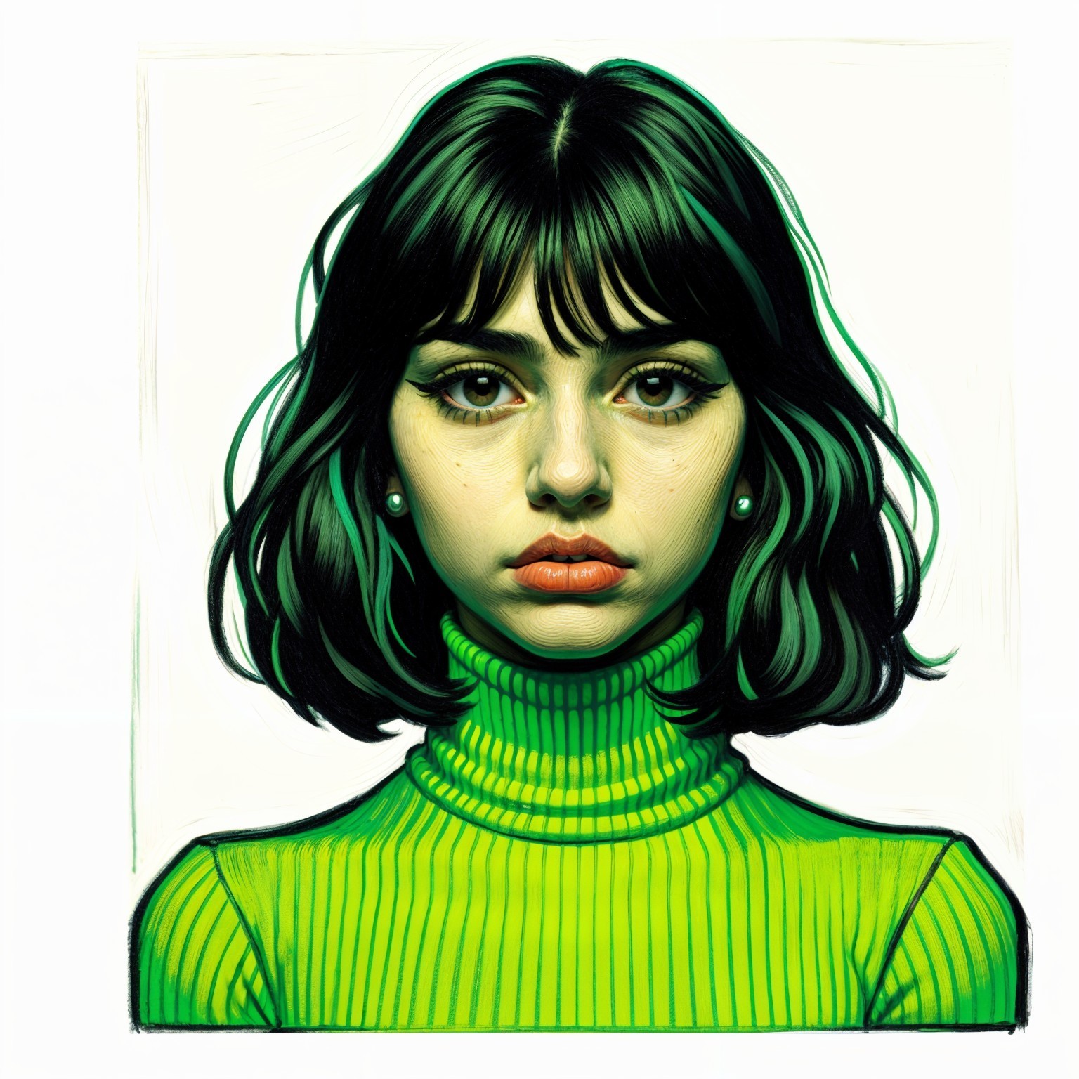 Young Woman in Green Turtleneck with Dark Hair