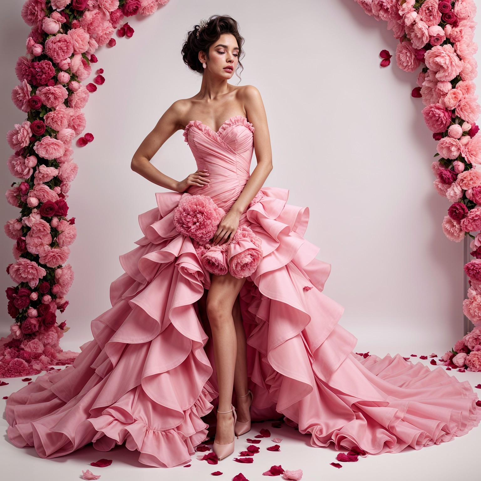 Elegant pink dress with floral embellishments and ruffles