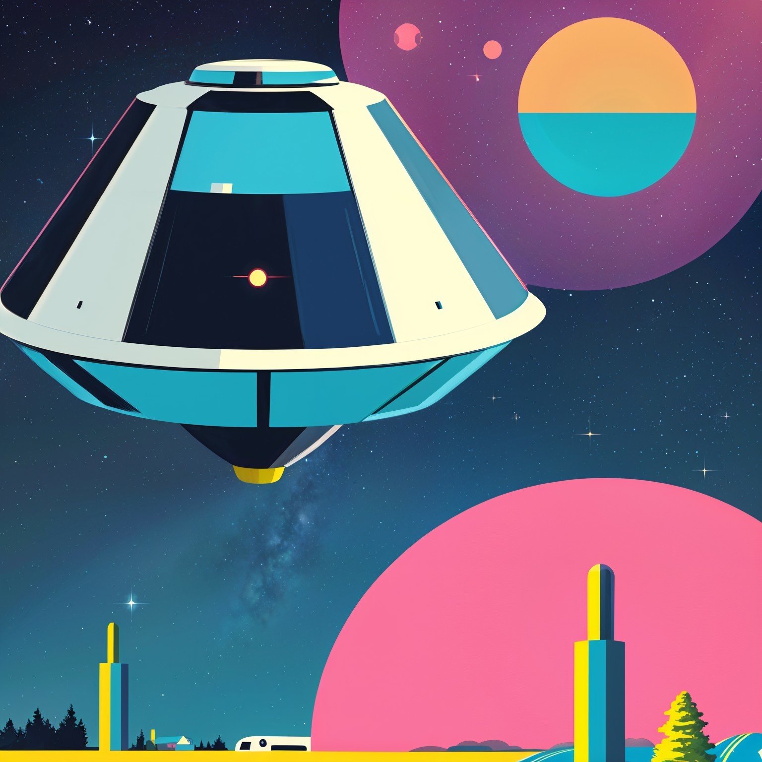 Stylized Spaceship Above Surreal Vibrant Landscape