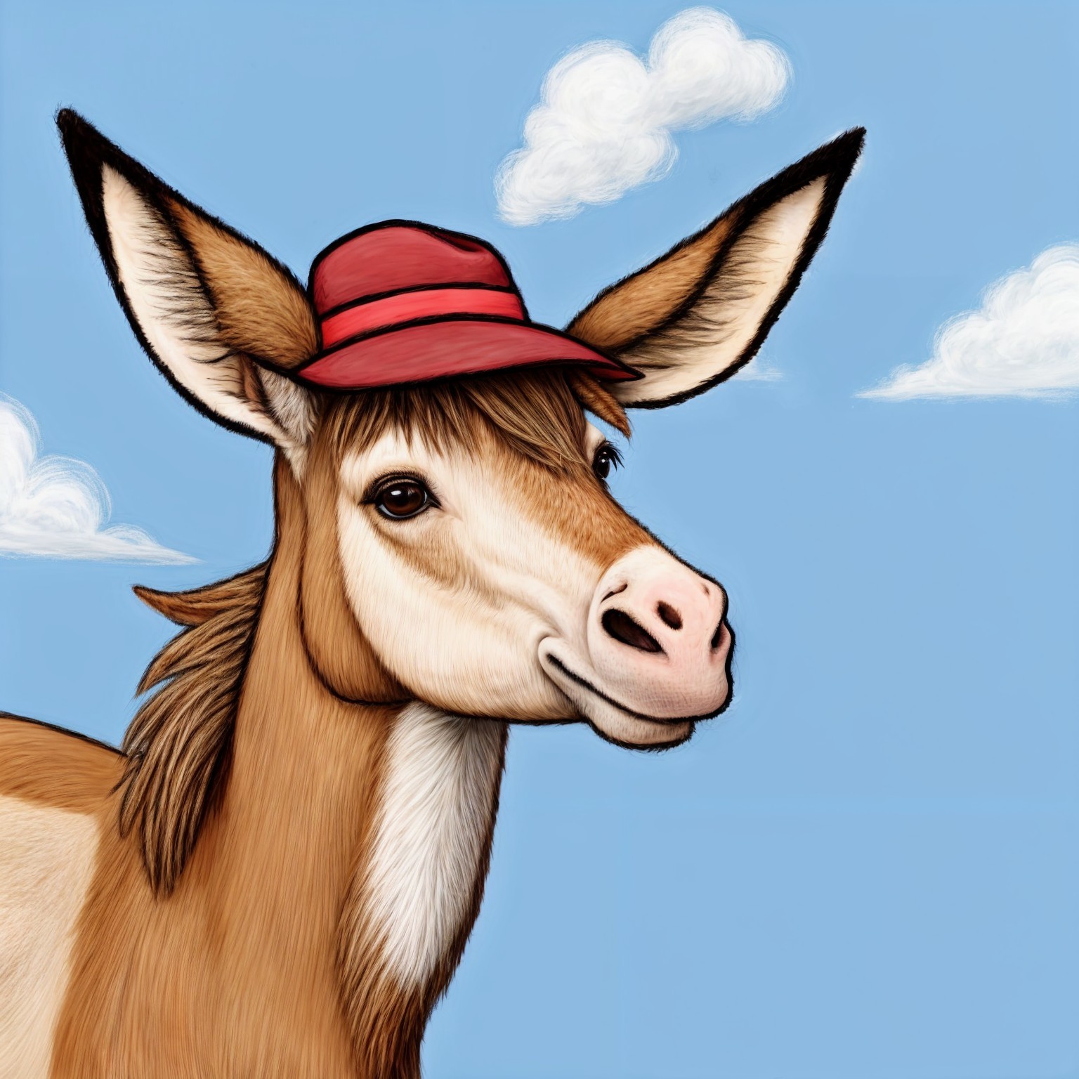 Whimsical Horse-Donkey Hybrid with Red Cap and Sky