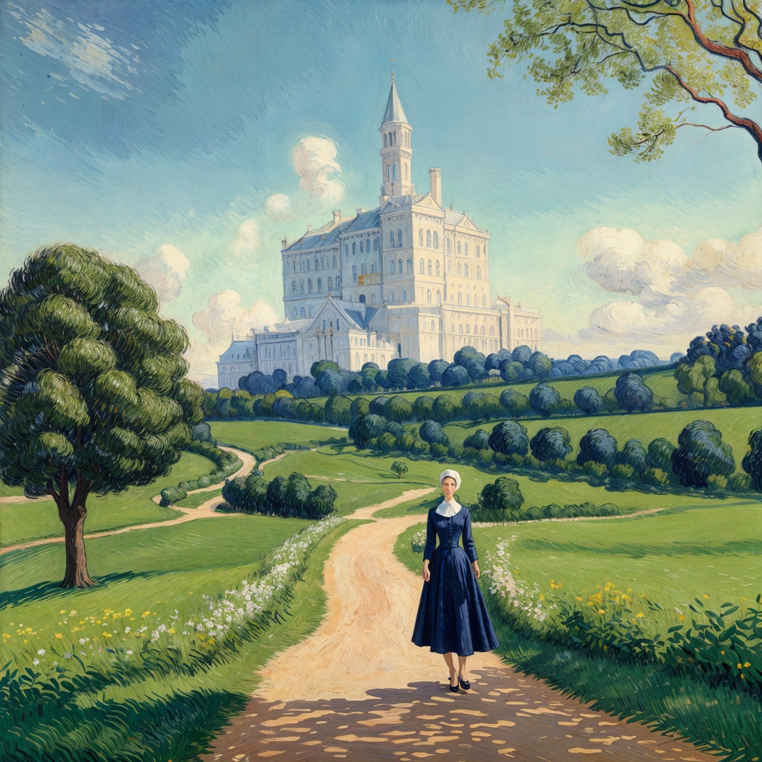 Serene landscape with a winding path and castle view