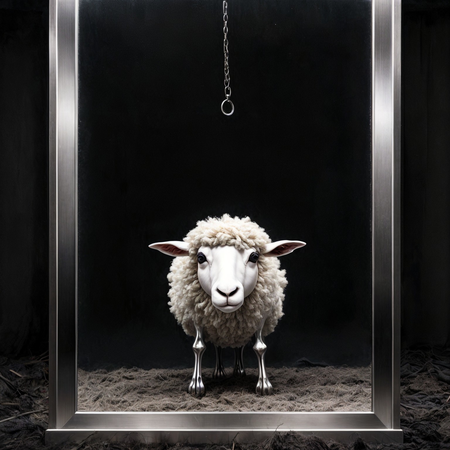 Stylized sheep in glass enclosure with metallic legs