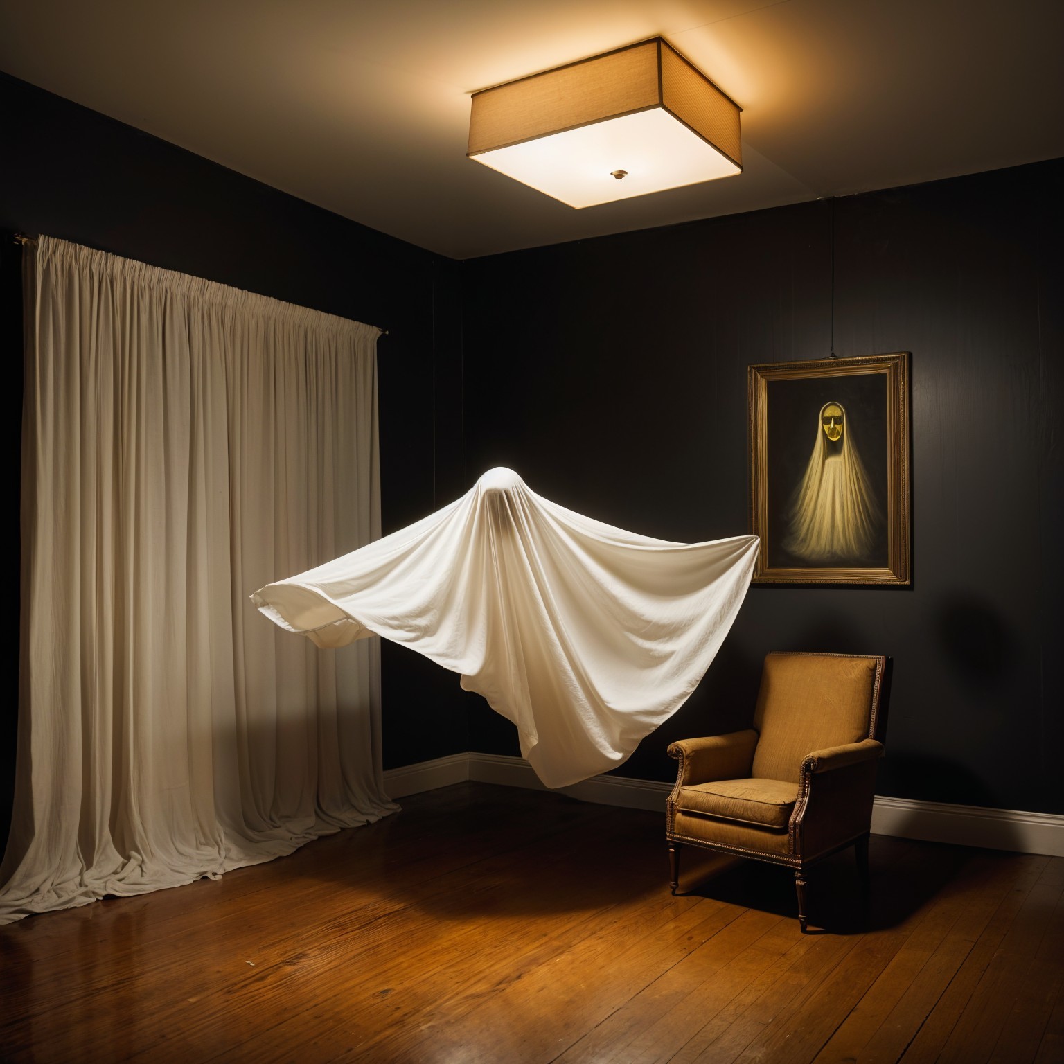 Eerie Room with Ghostly Sheet and Haunting Portrait