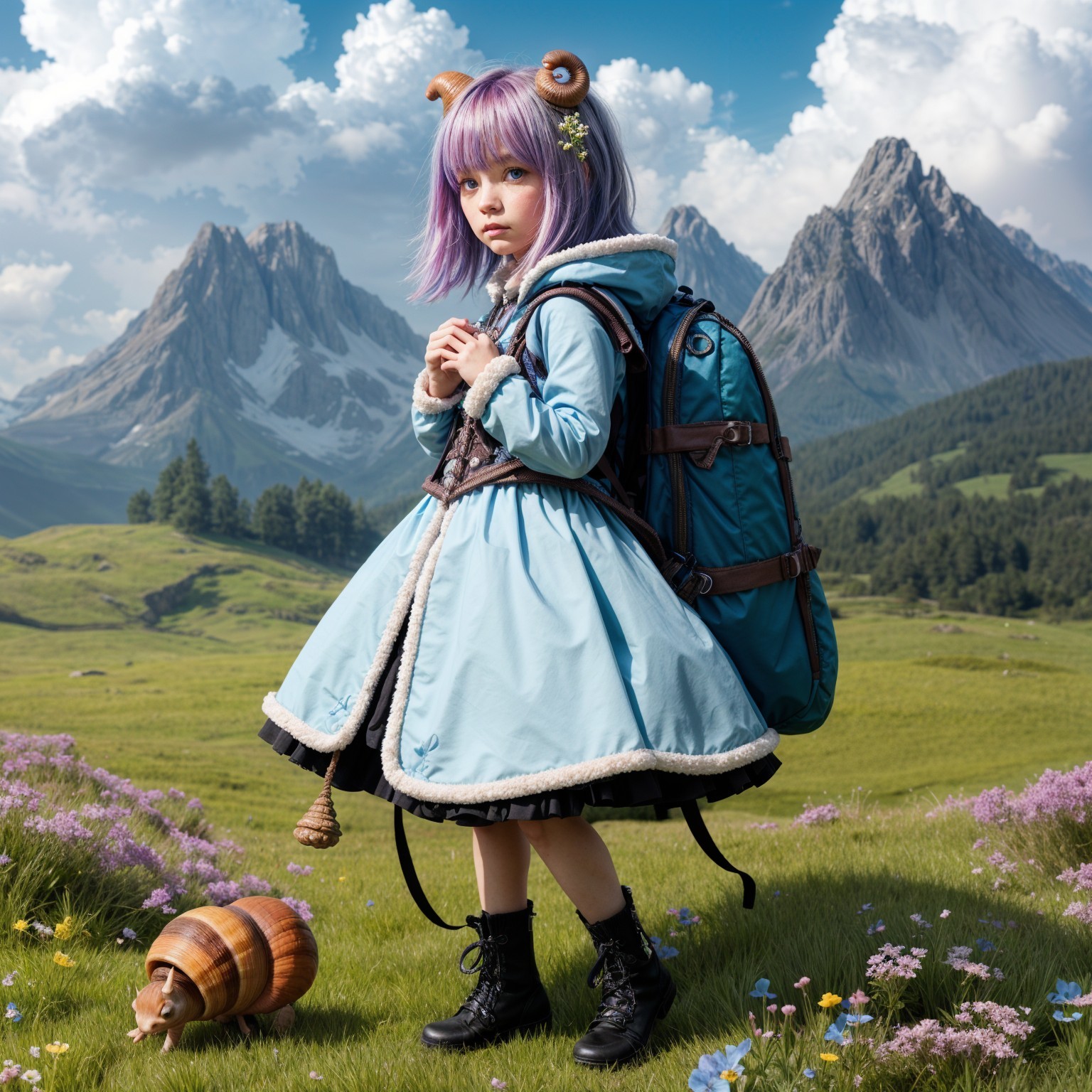 Young girl in blue dress in scenic mountain landscape