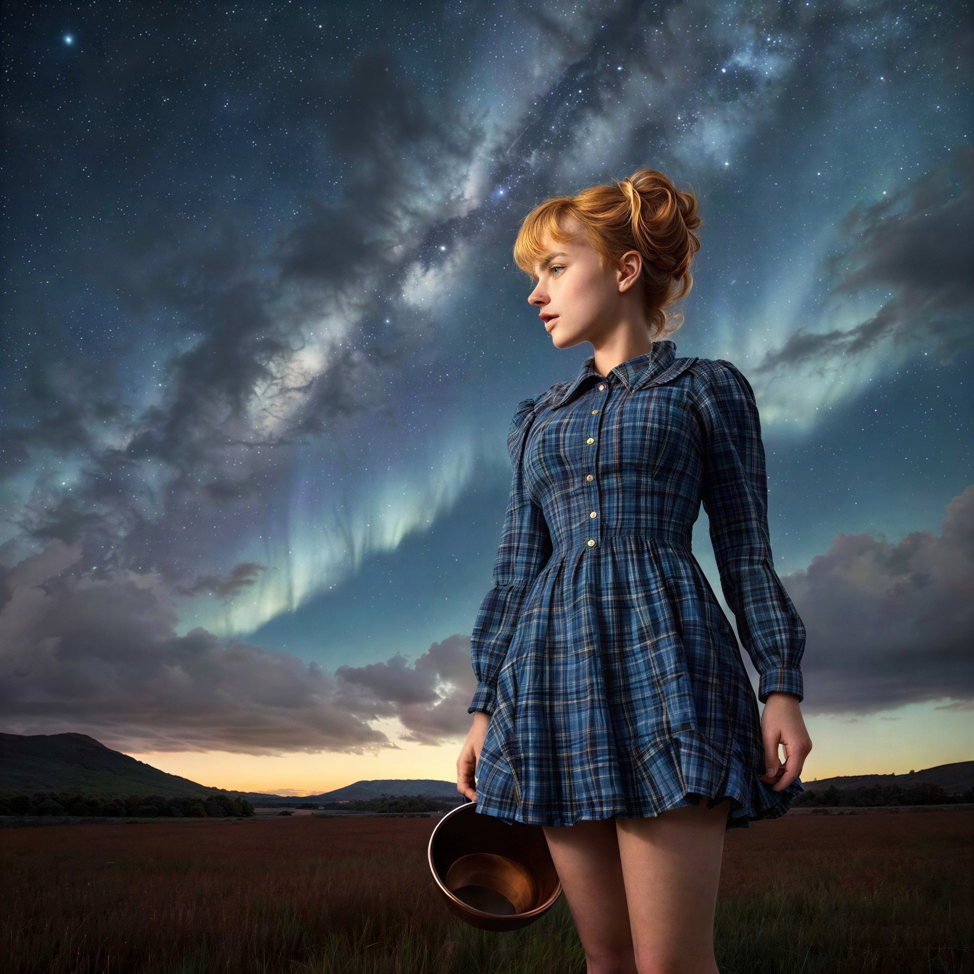 Young Woman in Plaid Dress Under Aurora Borealis