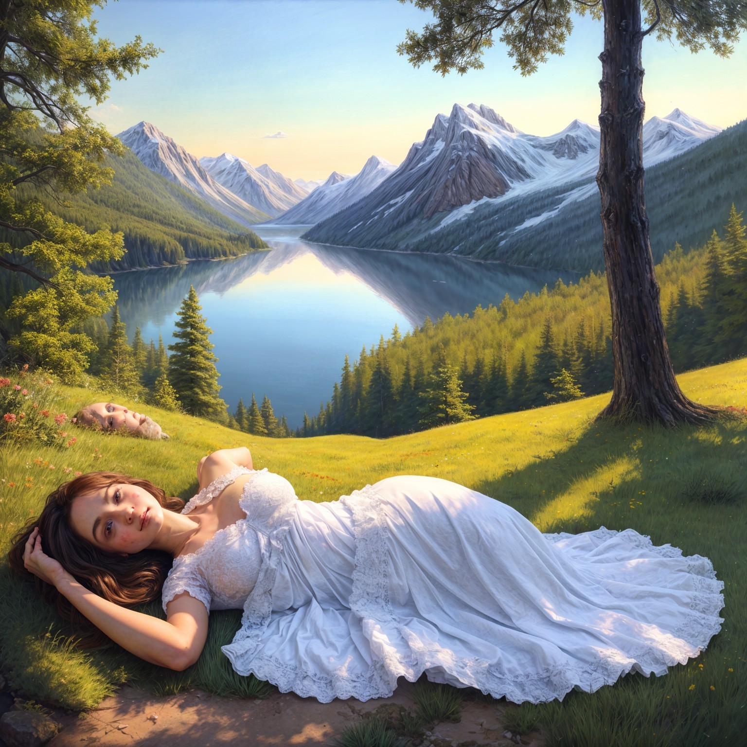 Serene Landscape with Woman in White Gown and Mountains