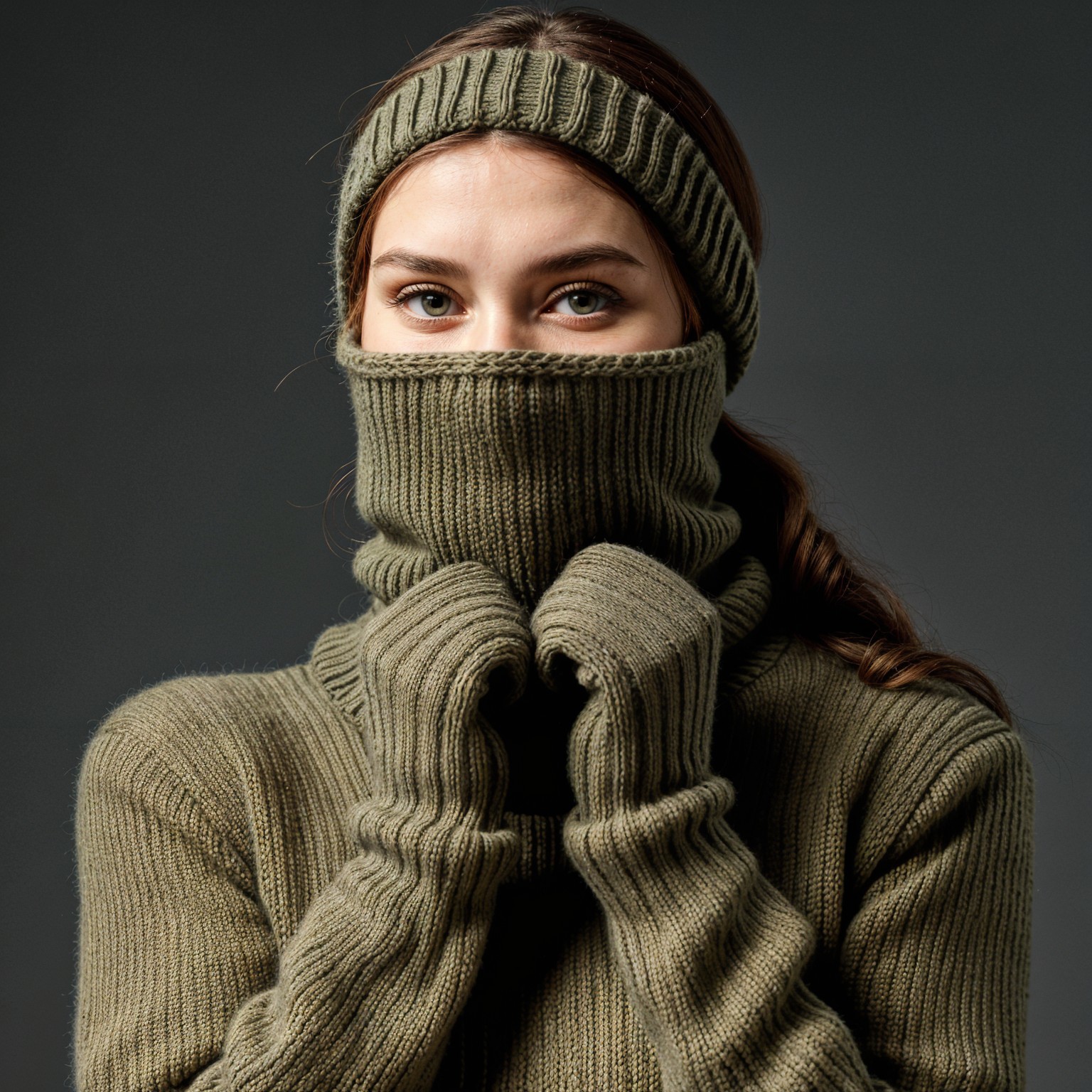 Young woman in olive green knit sweater and gloves