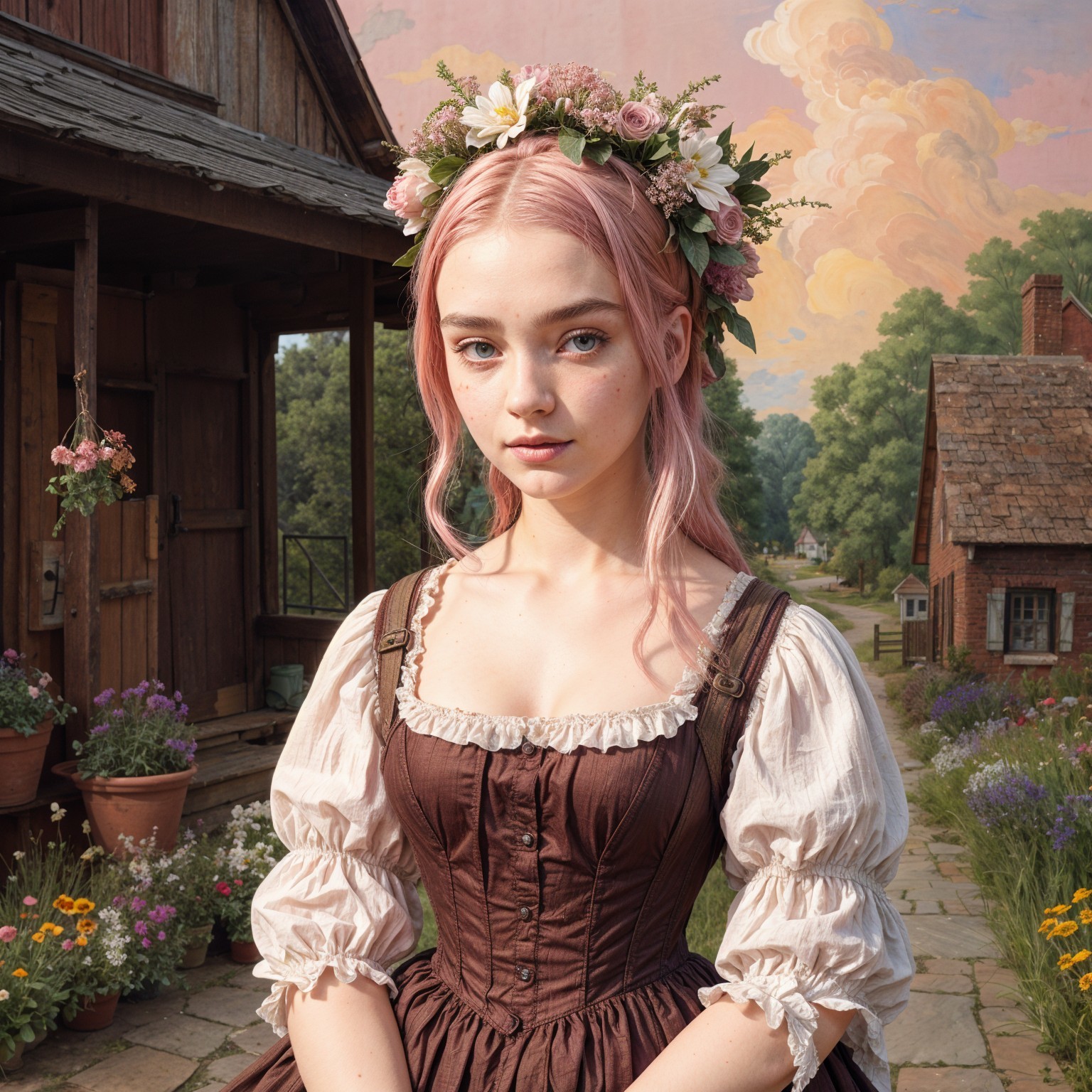 Young Woman in Rustic Setting with Floral Crown