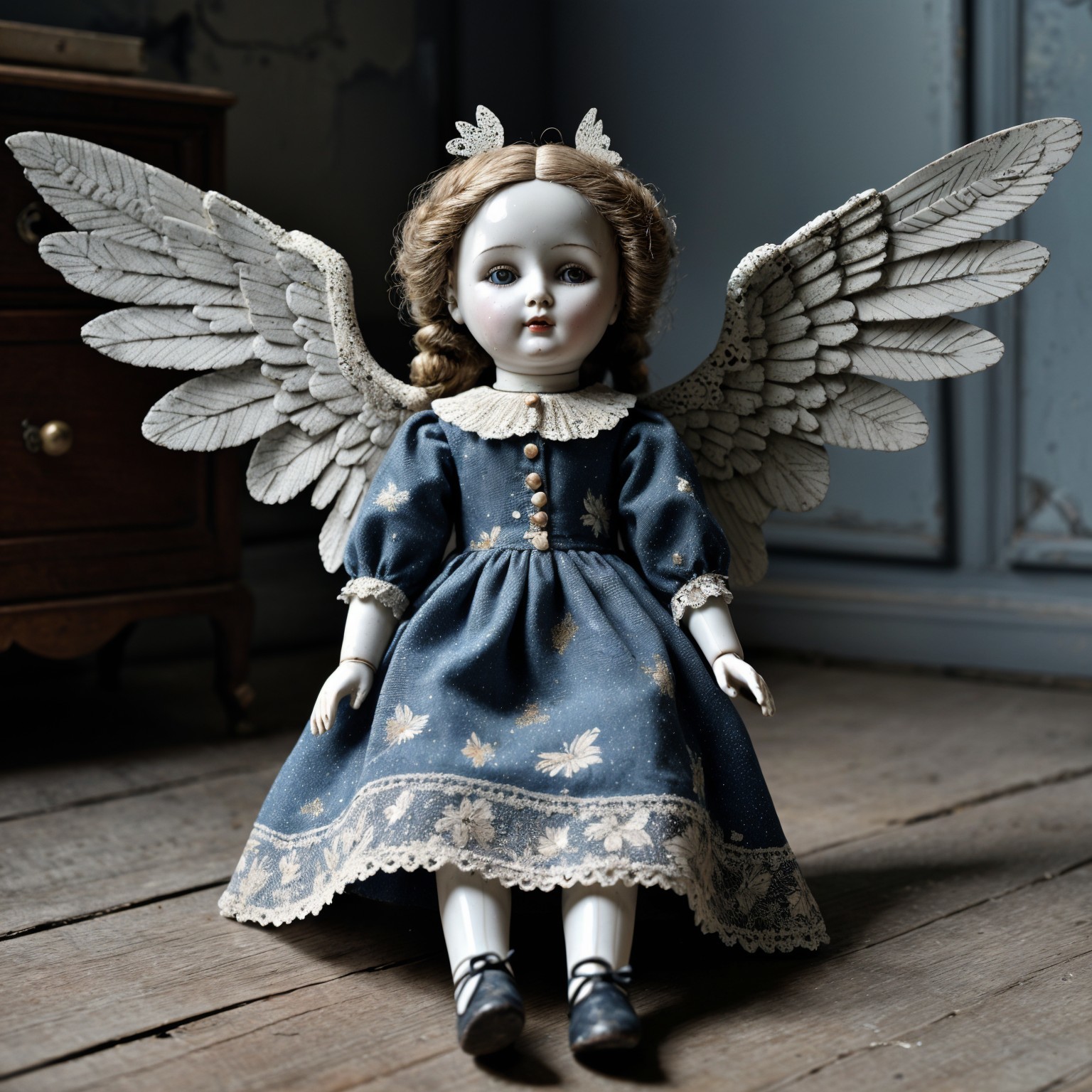 Vintage Doll with Porcelain Skin and White Wings