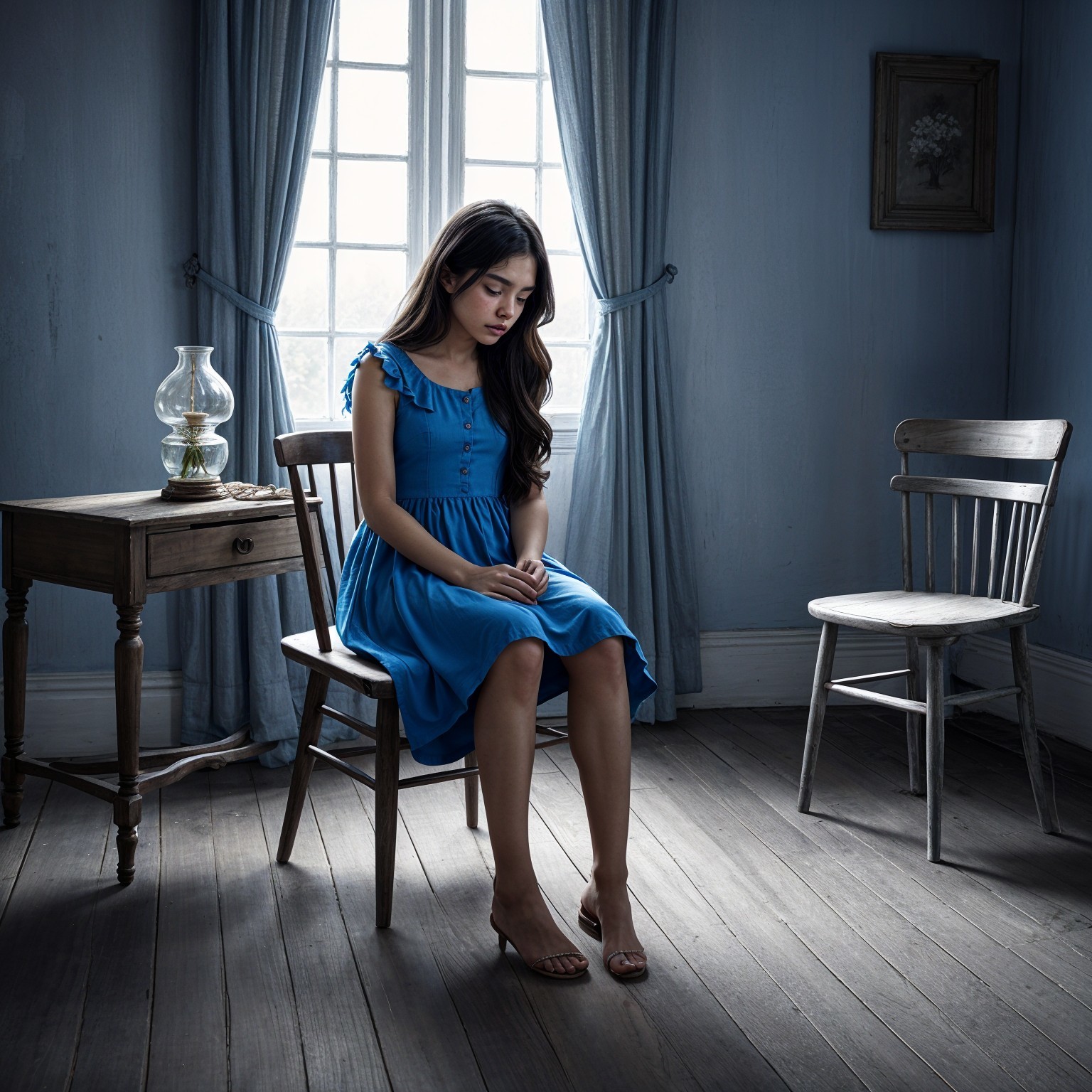 Young girl in blue dress seated in softly lit room