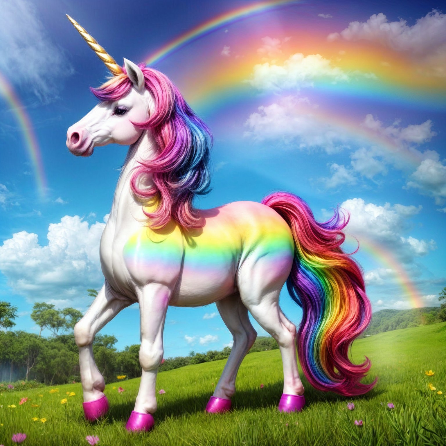 Unicorn in Vibrant Field with Rainbows and Clouds
