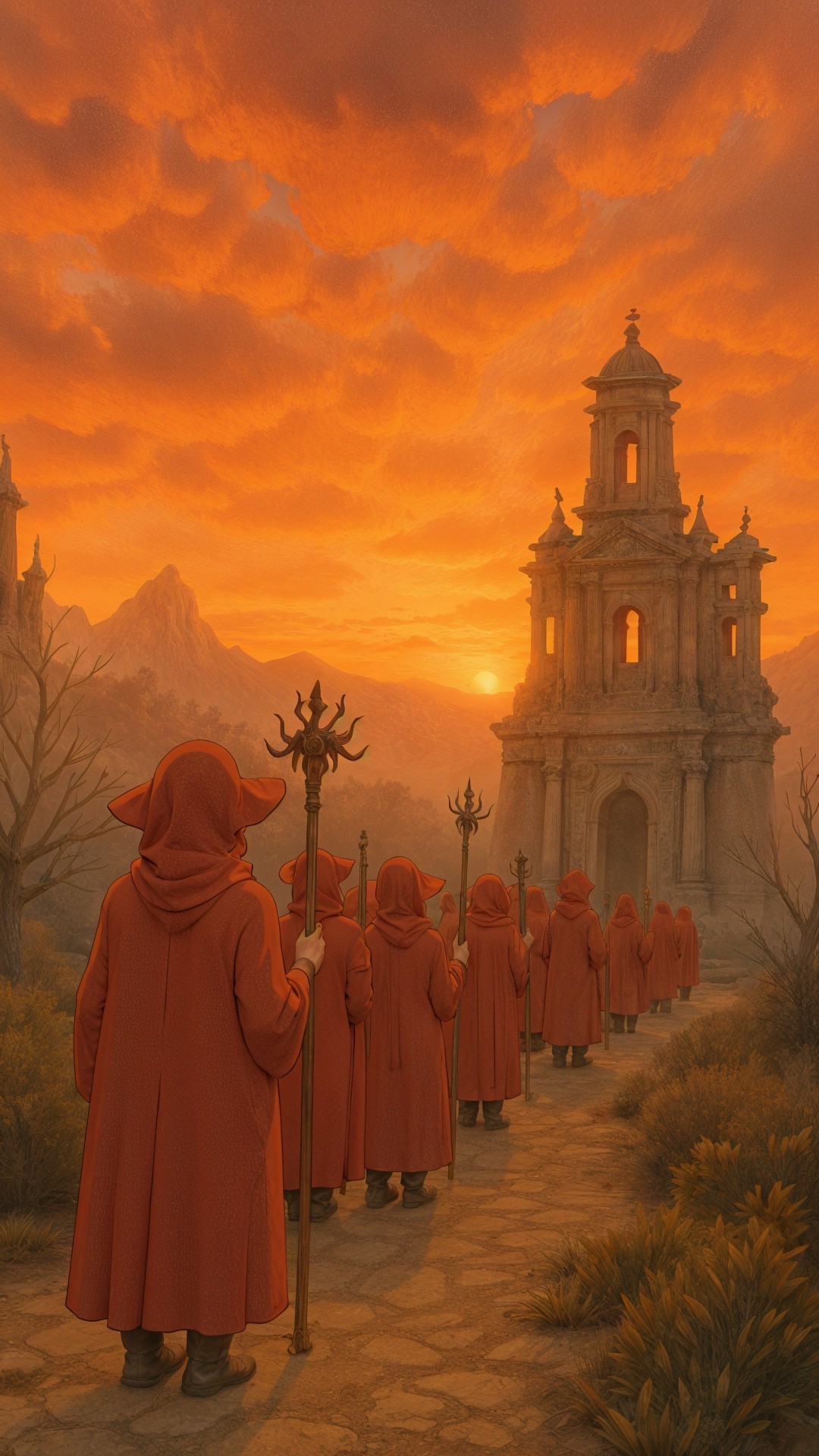 Hooded Figures in Orange Robes Near Ancient Structure