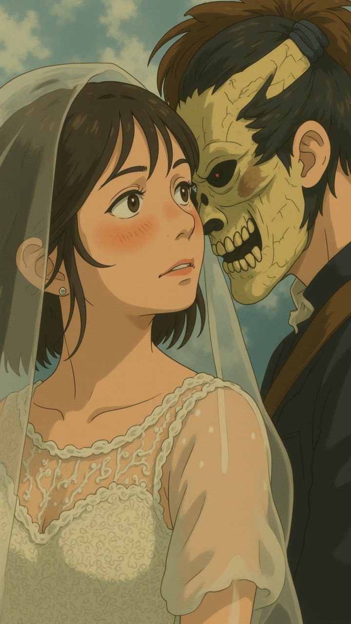 Bride in Lace Gown with Skull Mask in Dreamy Setting