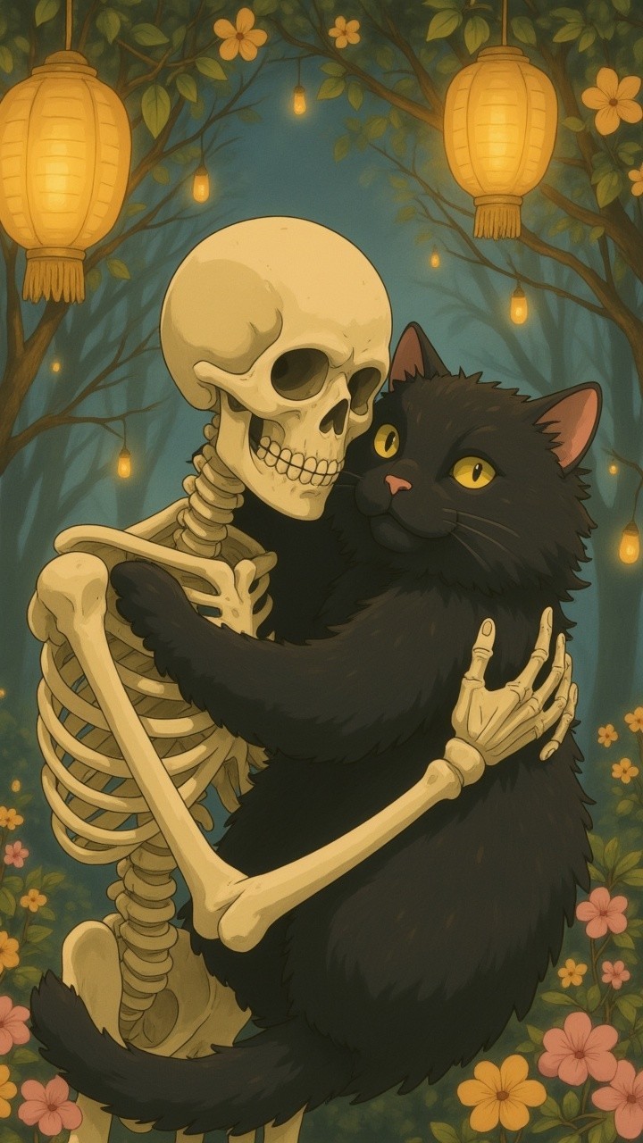 Cheerful Skeleton Embraces Cat in Enchanted Forest