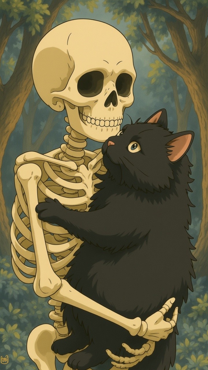 Cheerful Skeleton and Cat in Whimsical Illustration