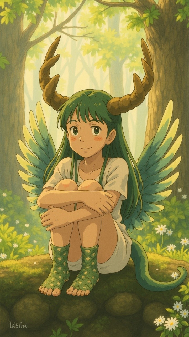 Young girl with wings in a serene forest setting
