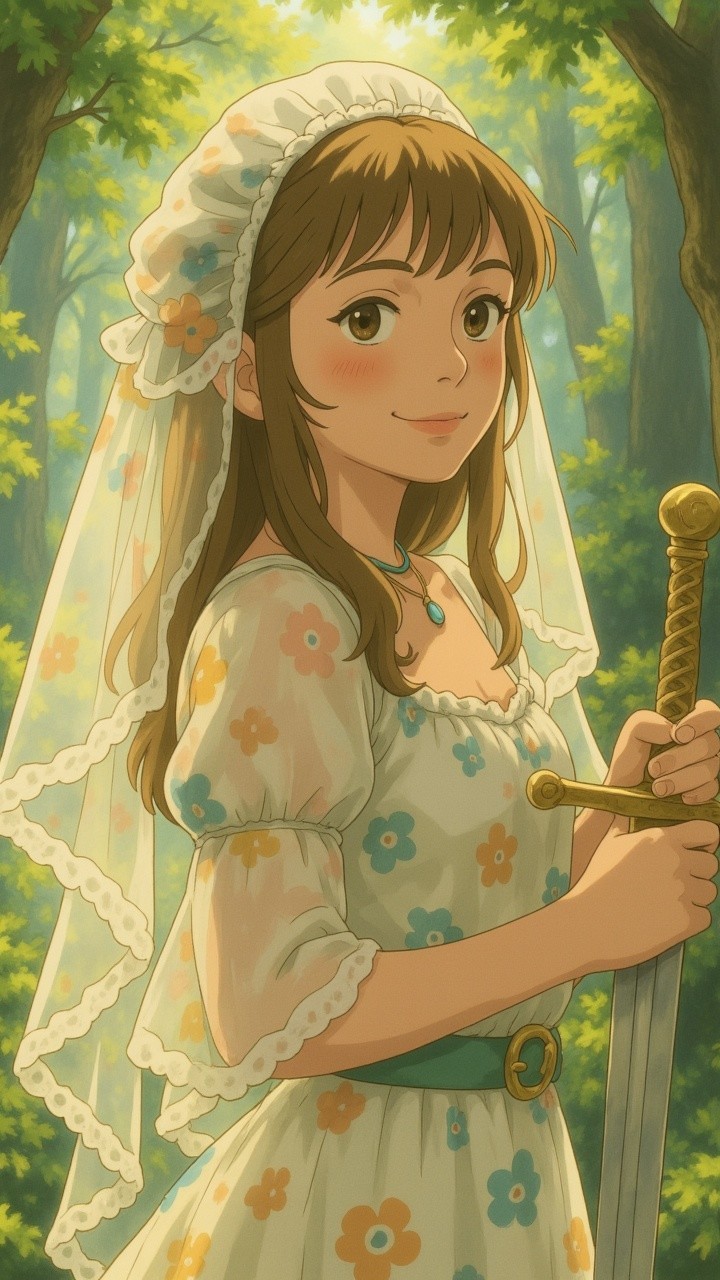 Young Woman in Floral Dress with Sword in Forest