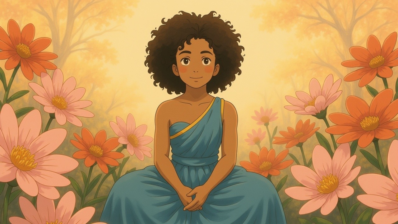 Young girl in a flower-filled landscape with blooms
