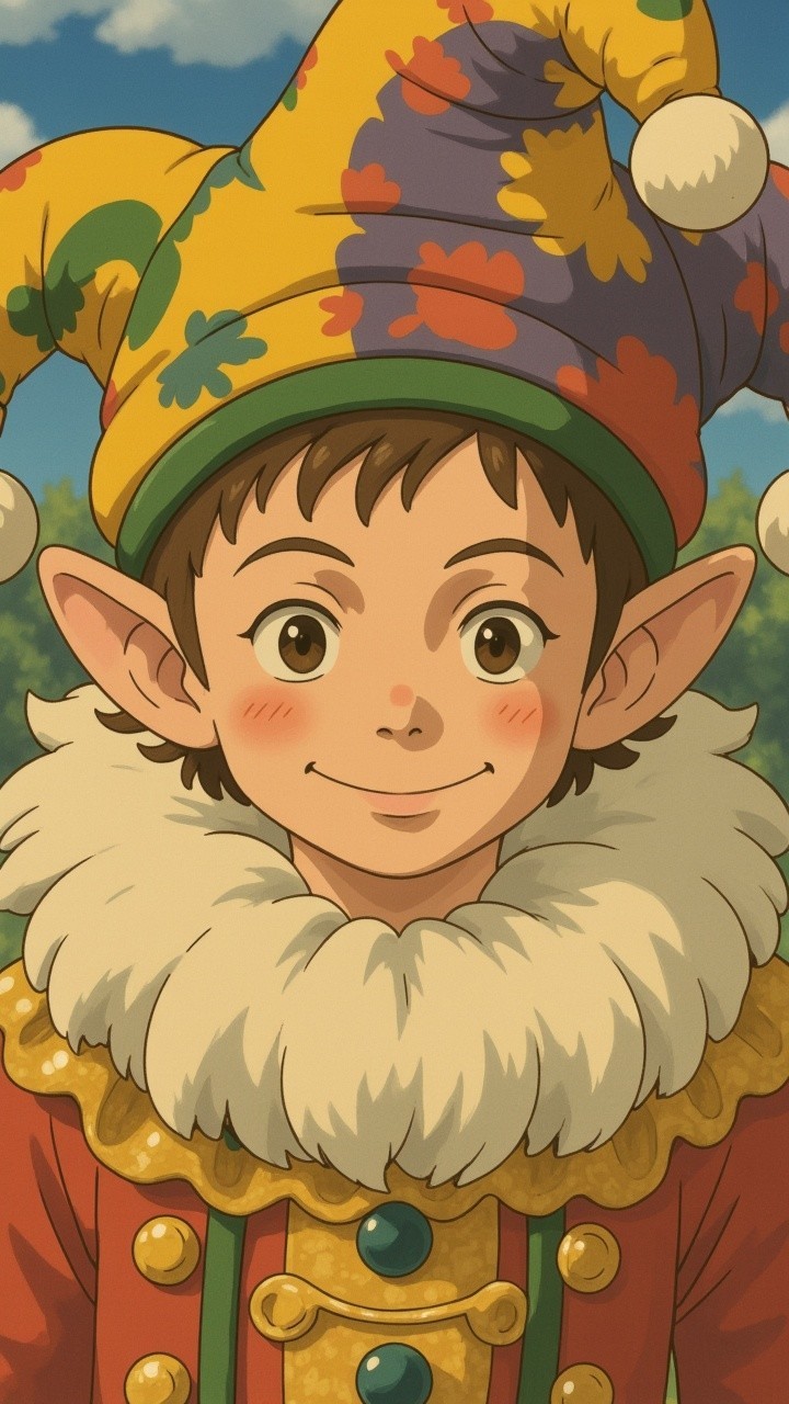 Cheerful Character in Colorful Jester Hat and Collar