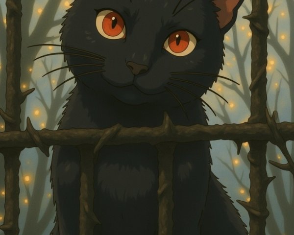 Black Cat with Orange Eyes Behind Thorny Fence