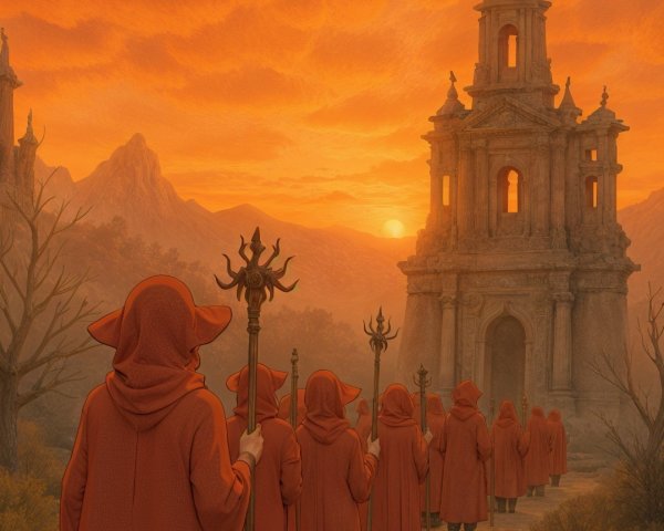 Hooded Figures in Orange Robes Near Ancient Structure