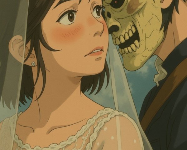 Bride in Lace Gown with Skull Mask in Dreamy Setting