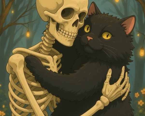 Cheerful Skeleton Embraces Cat in Enchanted Forest