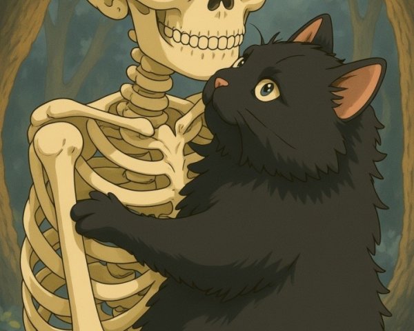 Cheerful Skeleton and Cat in Whimsical Illustration