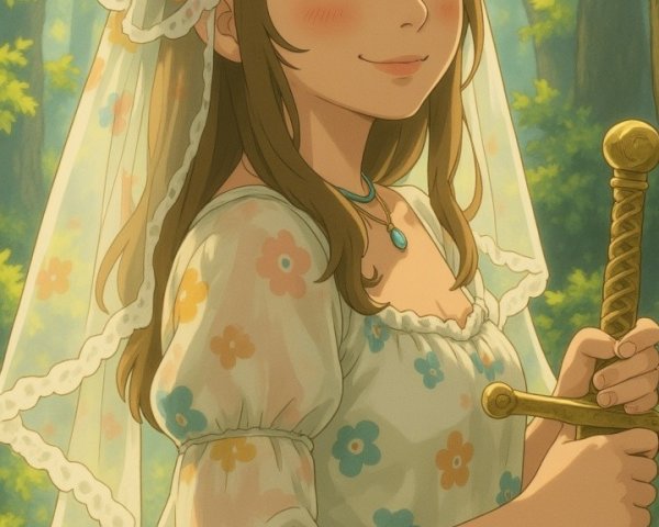 Young Woman in Floral Dress with Sword in Forest