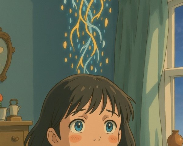 Young girl marvels at a colorful floating creature