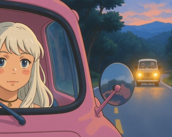 Young woman in vintage car on scenic sunset drive