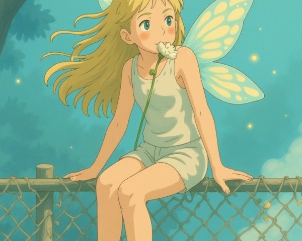 Whimsical Scene of a Girl with Fairy Wings and Flowers
