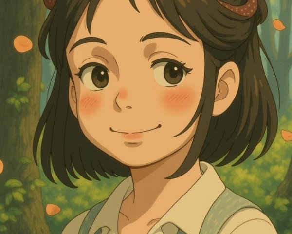 Young girl in vintage outfit in vibrant forest setting