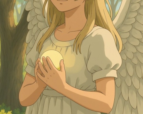 Young girl with wings in a serene forest setting