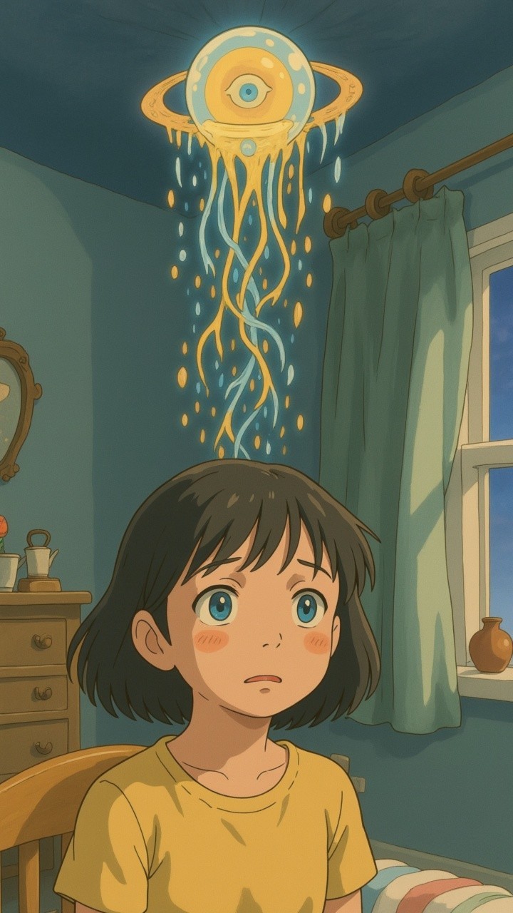 Young girl marvels at a colorful floating creature