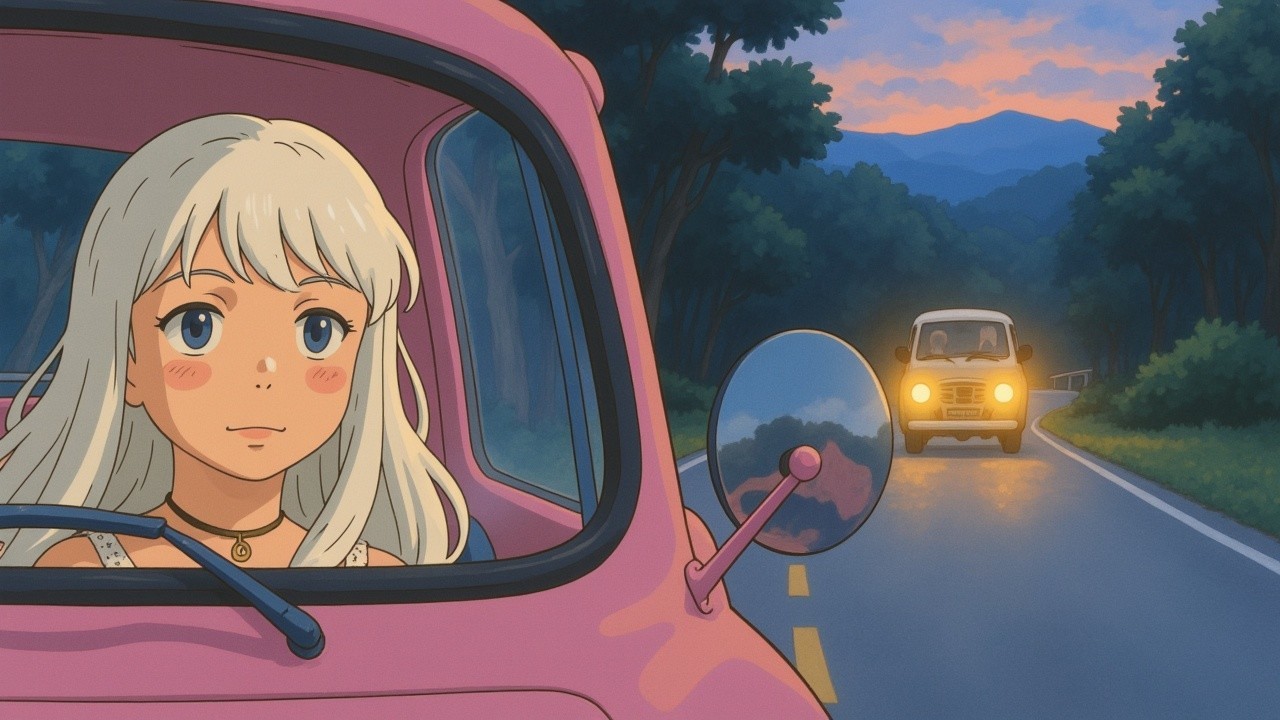 Young woman in vintage car on scenic sunset drive